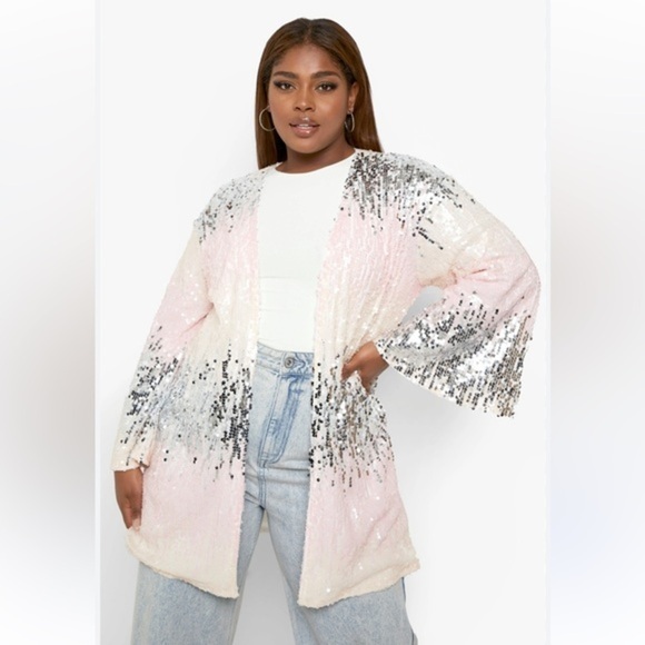 Boohoo Jackets & Blazers - Boohoo Sequin Kimono Cardigan Cream and Pink